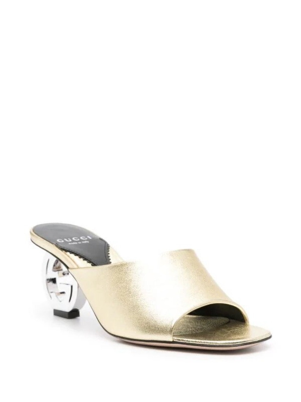 Gucci Gold Metallic Leather Open-Toe Mules with Sculpted Heel
